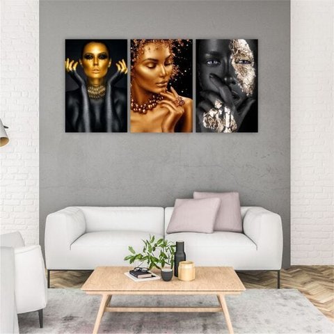 QUADRO 60X40CM 3PÇS MULHERES MAQUIAGEM DOURADA LO