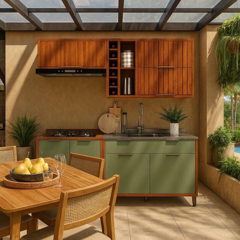 Armário de Cozinha Lumiar Modulado Área Gourmet em Mdf Alto Padrão Detalhes Ripado Pés Reguláveis:ve