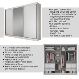 Guarda-roupa Casal com Espelho 3 Portas 6 Gavetas Diamond Branco - 5