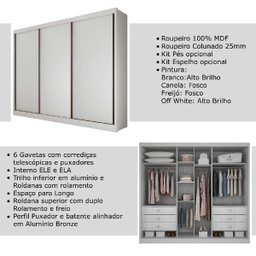 Guarda-roupa Casal 3 Portas 6 Gavetas Diamond Branco - 5