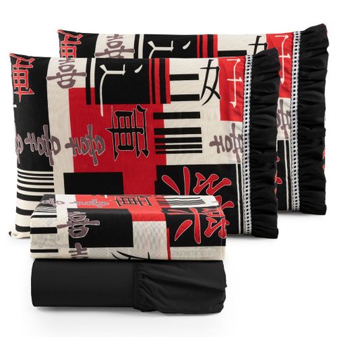 Jogo Cama Lençol Fiore Casal Padrão Estampado 180 Fios 100% Algodão com Babadinho 4 Peças Preto Orie