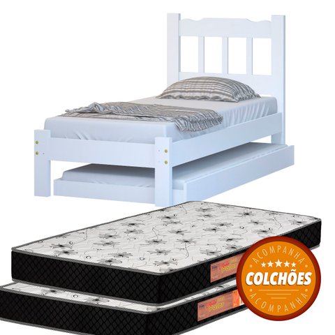 Cama Solteiro + Cama Auxiliar + 2 Colchões Cor Branco
