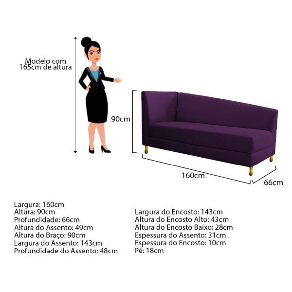 Recamier Valéria 1,60M Lado Direito Suede Roxo - ADJ Decor - 4