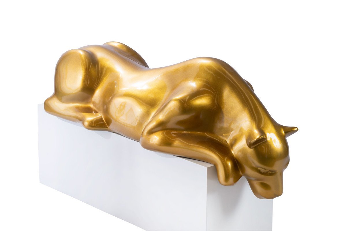 Escultura Decorativa Estátua Pantera Bebendo Água Piscina 102cm:dourado