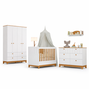 Jogo de Quarto de Bebê Biscoito - Cômoda Roupeiro e Berço Mini Cama - Branco Nature