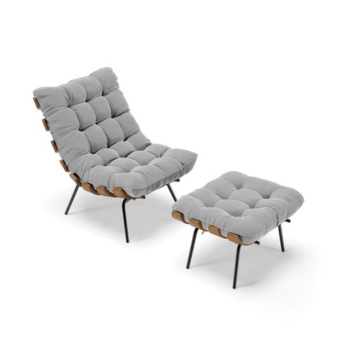 Poltrona com Puff Costela Suede Cinza Base Metal - D'Rossi