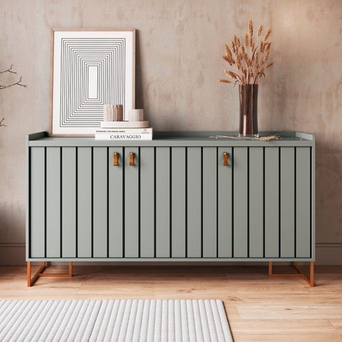 Aparador com Portas Trendy 160cm Puxador em Couro Pés em Aço:verti/dourado