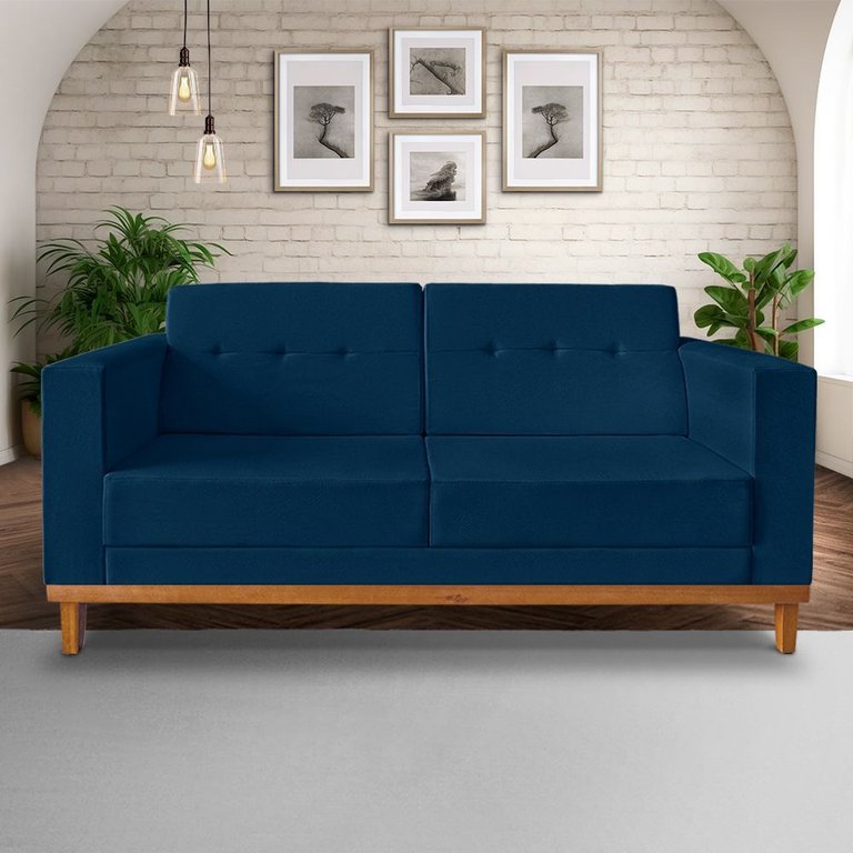 Sofa Beny 3 Lugares Linho Azul Soft Madeira Prima Deccor