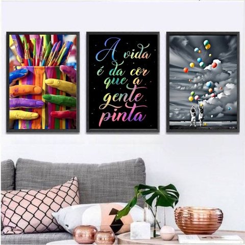 Kit 3 Quadros a Vida É da Cor que a Gente Pinta 33x24cm - com Vidro:madeira Branca