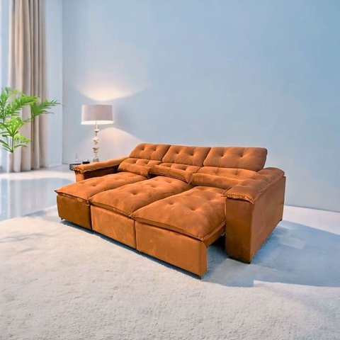 Sofá Retrátil e Reclinável 2,75m em Tecido Veludo C/ Pillow Nos Braços - Montagem Inclusa:terracota