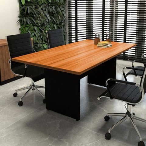 Mesa de Reunião Retangular Escritório Moderno sem Gavetas MDF 200cm Freijó com Preto