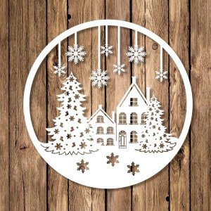 Aplique de Natal Vazado Circular em MDF Casas e Pinheiros