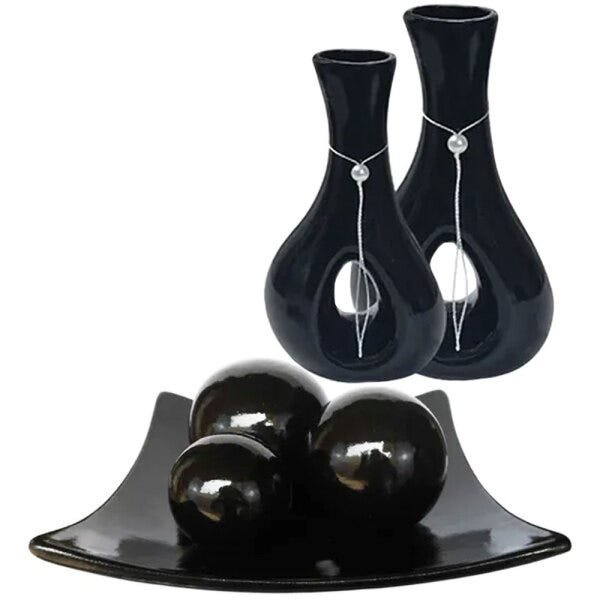 Jogo de Vasos Par Furados e Centro de Mesa 3 esferas Cerâmica - Black