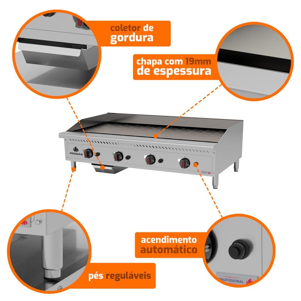 Chapa Bifeteira Profissional Industrial para Lanchonetes Inox a Gás 120cm Pro-120ch - Progás - 4