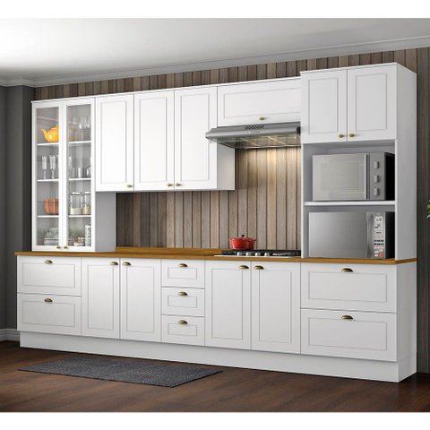 Cozinha Modulada 343cm 6 Peças 12 Portas 7 Gavetas Americana Henn - Branco/nature