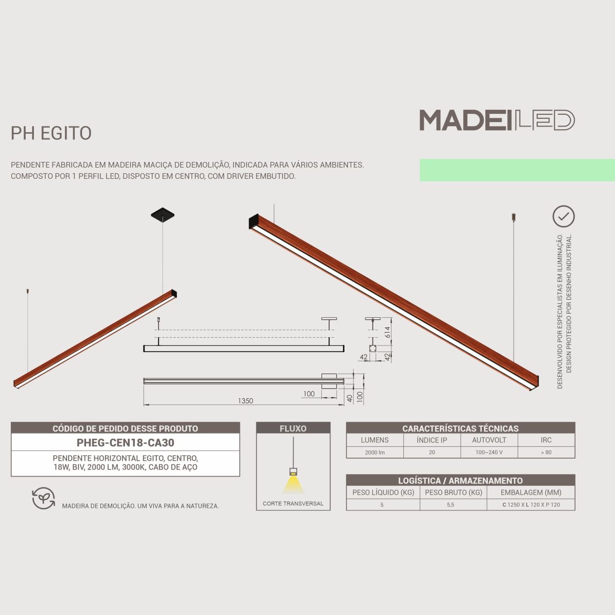 Kit 2 Luminária Pendente Led Egito 18w 2000lm Madeira Maciça de Demolição - 6