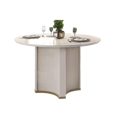 Mesa de Sala Jantar Chanel C/ Tampo Madeirado C/ Vidro Redondo 136x136cm Off White/off White - Dj M