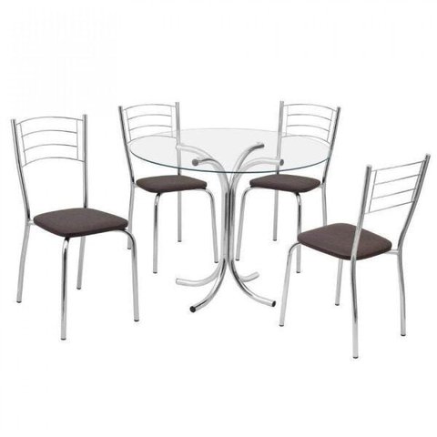 Conjunto Mesa Redonda Tampo de Vidro e 4 Cadeiras Assento Courino Renata 176 Cozinha Marrom