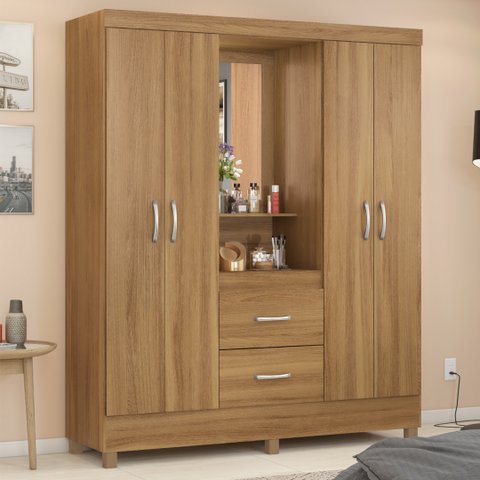 Guarda Roupa Solteiro 4 Portas com Espelho e 2 Gavetas Lord - Amêndola Touch