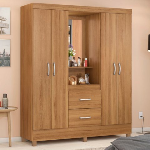 Guarda Roupa Solteiro 4 Portas com Espelho e 2 Gavetas Lord - Amêndola Touch