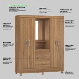 Guarda Roupa Solteiro 4 Portas com Espelho e 2 Gavetas Lord - Amêndola Touch - 5