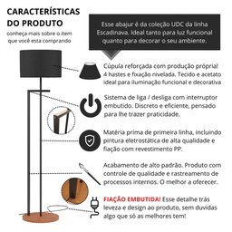 Luminária Abajur de Chão Indústrial Salone Preto com Cúpula Preta - 4