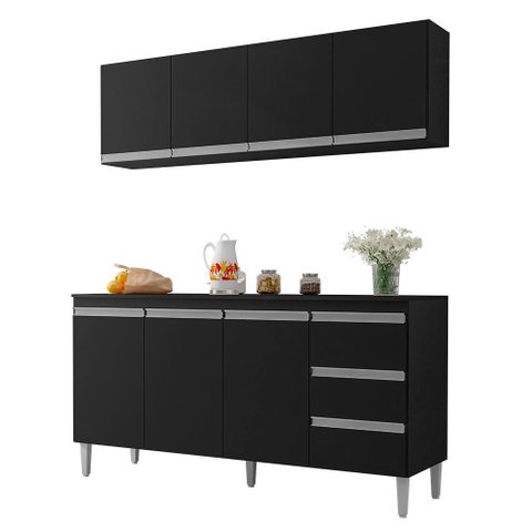 Kit de Cozinha Andréia Balcão 160cm Preto com Tampo Mdp e Aéreo - Ajl Móveis