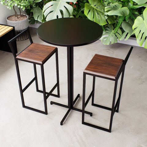 Conjunto Mesa Alta Bar Bistrô Redonda Preta 2 Banquetas Confort Imbuia Industrial Black Don Castro D