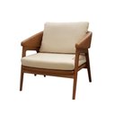 Ver imagem 1 de Poltrona Dubia Estofada em Linho Cru e Courino Caramelo Base Madeira Cor Amendoa - 55241
