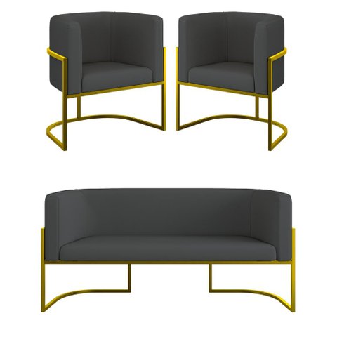 Kit 2 Poltronas + Sofá 2 Lugares Base de Metal Gold Corino Cor:cinza