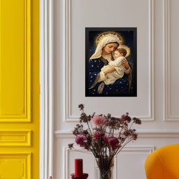 Quadro Maria Menino Jesus - Manto Estrelas 33x24cm - com Vidro:moldura Preta - 1