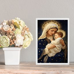 Quadro Maria Menino Jesus - Manto Estrelas 33x24cm - com Vidro:moldura Preta - 2