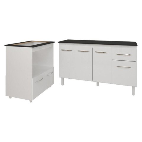 Armário Gabinete Camila 138 Cm com Tampo Tampão e Balcão Evelyn para Cooktop 5 Bocas Branco e