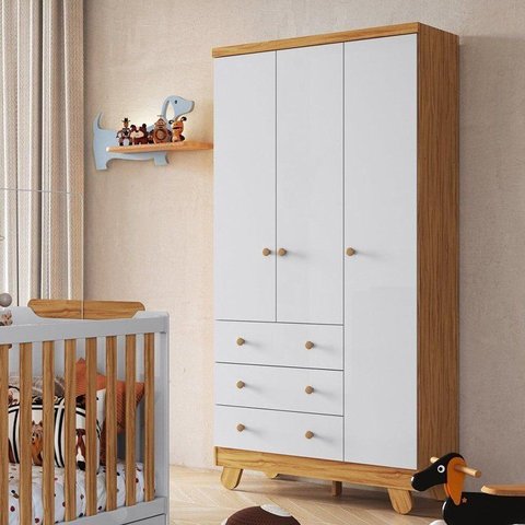 Guarda Roupa Bebê 3 Portas 3 Gavetas 92cm com Pés Palito MDF Levy Yescasa Amêndoa/Branco