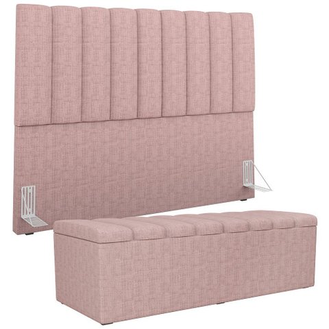 Kit Cabeceira Cama Box Casal King 195cm e Calçadeira Recamier Baú Dália W01 Linho Rosa - Lyam Decor