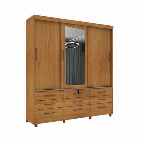 Guarda Roupa Chicago 3 Portas 9 Gavetas Com Espelho e Pés Tcil:Cinamomo