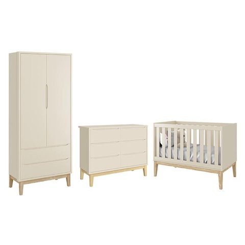 Dormitório Completo Infantil Classic 2 Portas, Cômoda 6 Gavetas e Berço Areia Fosco com Pés