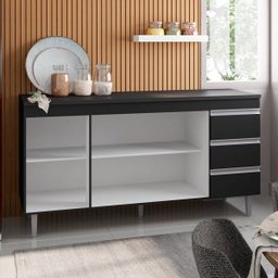 Balcão Gabinete de Pia sem Tampo 160cm 3 Portas 3 Gavetas Andréia Branco/Preto Total - AJL Móveis - 3