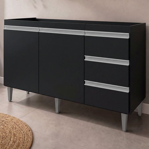 Balcão Gabinete de Pia sem Tampo 120cm 2 Portas 3 Gavetas  Andréia Preto Total - AJL Móveis