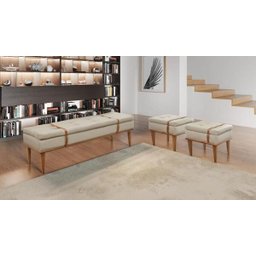 Recamier Puff Londres Luxo Madeira Maciça Linho Bege Claro - 2