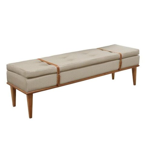 Recamier Puff Londres Luxo Madeira Maciça Linho Bege Claro