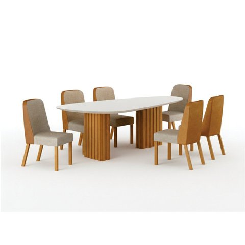 Conjunto Sala de Jantar Ísis 2,00m com 6 Cadeiras Tampo Orgânico Off White c/ Vidro Cinamomo/Sintéti