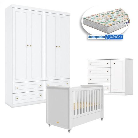 Quarto Infantil 4 Portas Americano com Berço Tutto New Branco Fosco e Colchão Gazin - Matic