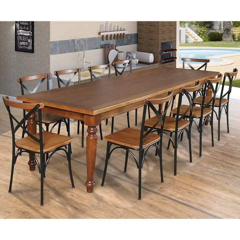 Conjunto Jantar Mesa Leonora Madeira Maciça 240x100 com 10 Cadeiras Paris Base Alumínio - Castanho