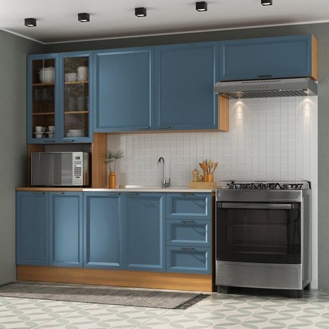 Cozinha Compacta 4 Peças 1 Paneleiro Duplo 2 Aéreos 1 Balcão Soho CabeCasa MadeiraOriginals Azul/Freijó