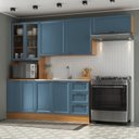 Ver imagem 1 de Cozinha Compacta Planejada 4 Peças 1 Paneleiro Duplo 2 Aéreos 1 Balcão Soho CabeCasa MadeiraOriginals Azul/Freijó