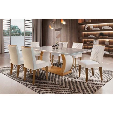 Conjunto: Mesa de Cozinha Jade Tampo Madeirado C/ Vidro Reto 180x90 e 6 Cadeiras Jade Imbuia/suede