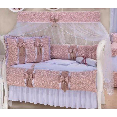Kit Berço para Berço Americano e Nacional Rosê Laço Floral Menina Princesinha Luxo Cor:rosê