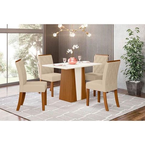 Conjunto: Mesa de Cozinha Orus C/ Tampo Madeirado 120x80cm e 4 Cadeiras Vita Nature/off White -