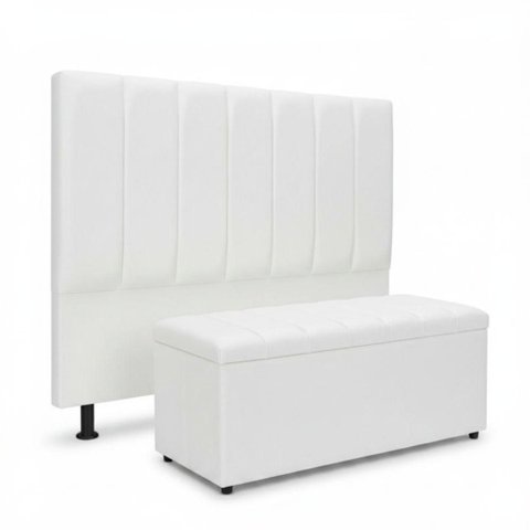 Kit Cabeceira e Deira Baú Carla Queen 160cm Corino Branco Click Home